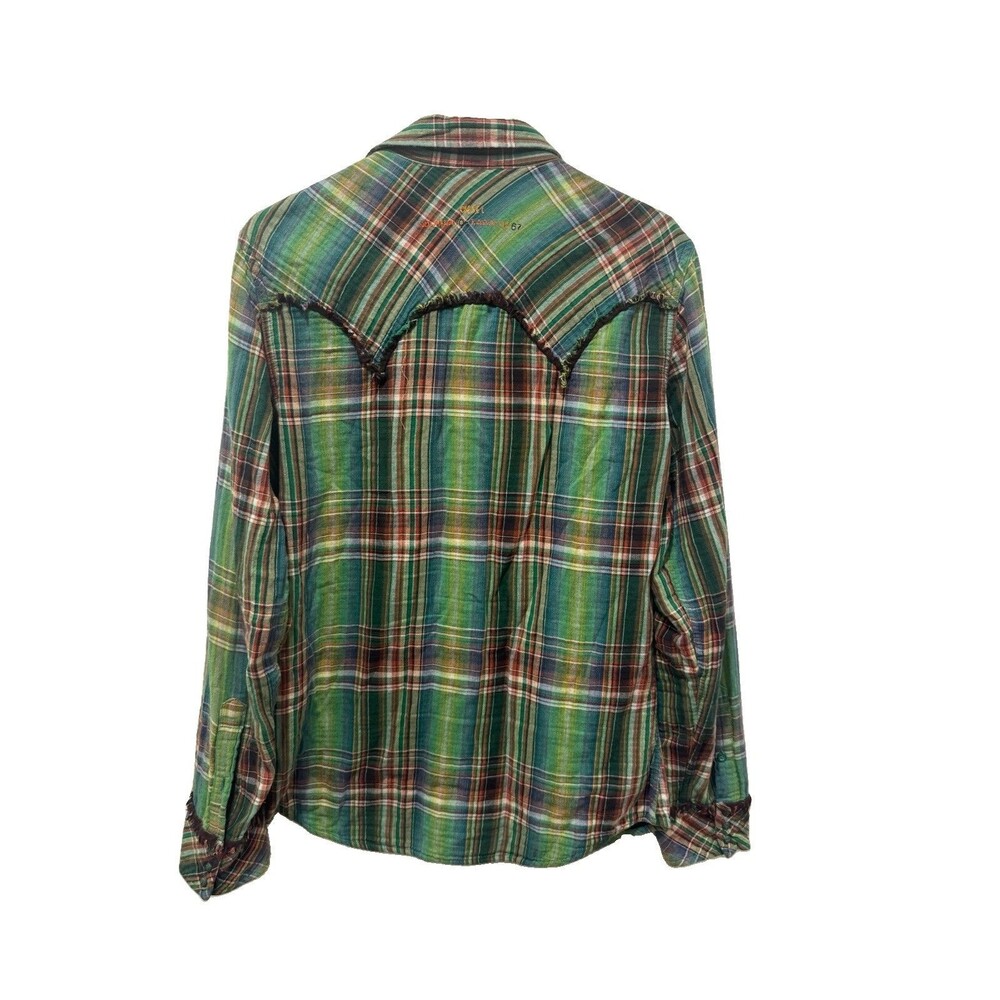 Diesel Green Plaid Western Snap Shirt size M men cowboy cotton fringe seams vtg - Picture 9 of 9
